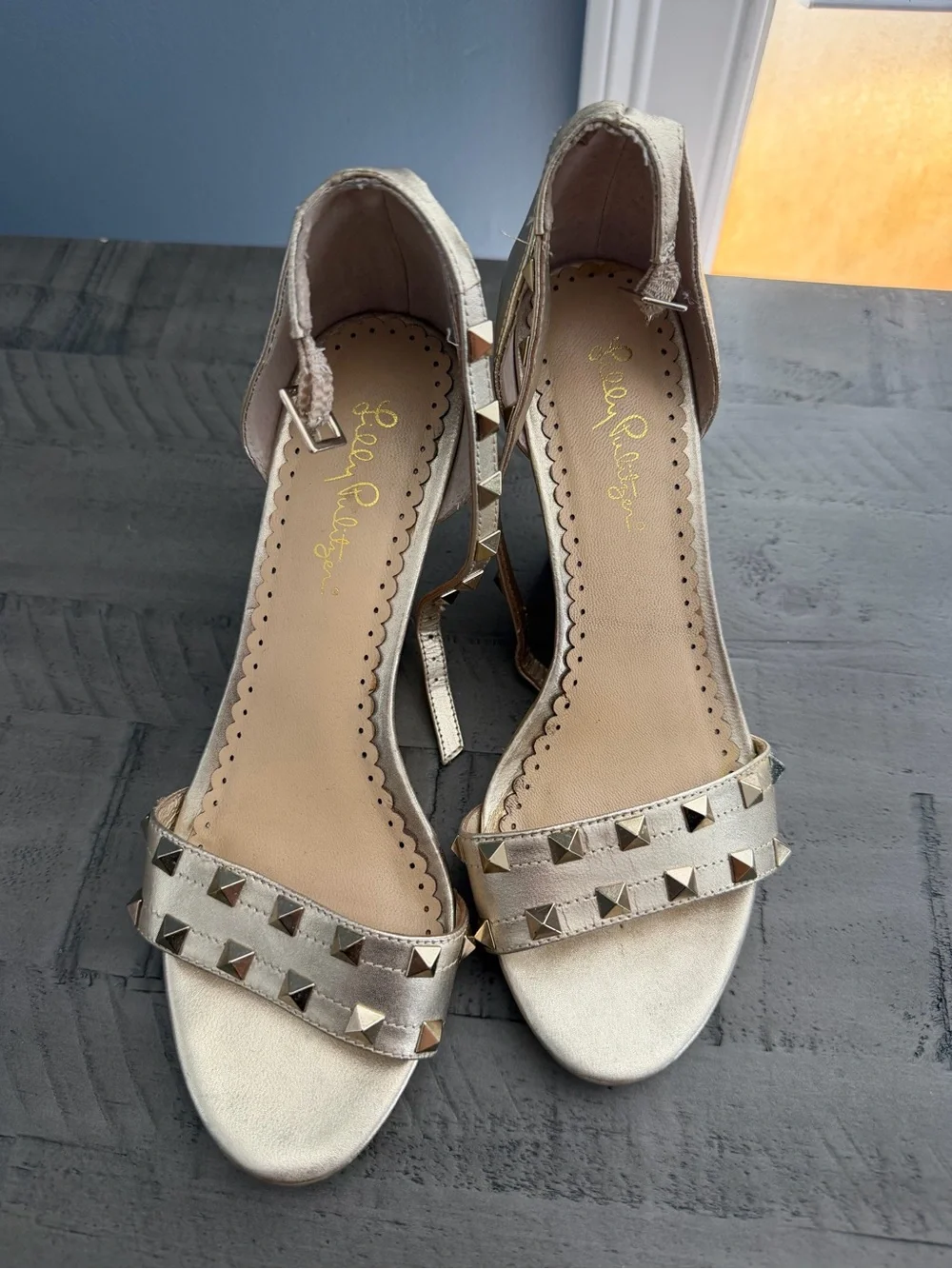 Lilly Pulitzer Metallic Gold Pyramid-Stud Cork Wedge Sandals